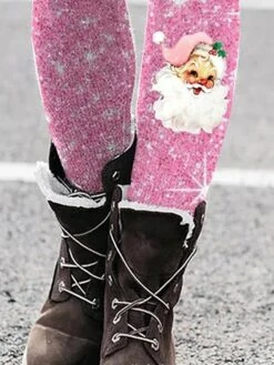 Women's Christmas Leggings Pink Full Length Vacation Fashion Pink XS 2XL Fall Winter -Xmas Cothing Store wfreaa1696232170695