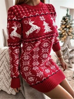Women‘s Christmas Sweater Dress Wrap Dress Knit Dress Mini Dress Red Dark Blue Grey Long Sleeve Print Modern Style Fall Winter Round Neck Sexy Party Christmas Holiday Slim 2022 S M L XL XXL -Xmas Cothing Store wgoclc1629871506277