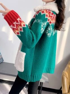 Women's Ugly Christmas Sweater Cardigan Sweater Shirt Collar Ribbed Knit Polyester Button Pocket Fall Winter Regular Outdoor Christmas Daily Stylish Casual Soft Long Sleeve Geometric Snowflake Red -Xmas Cothing Store whuzbx1696903328724