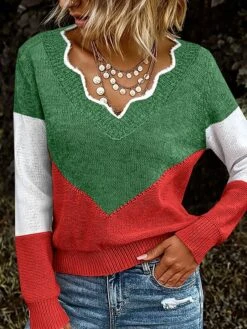 Women's Pullover Sweater Jumper V Neck Crochet Knit Cotton Blend Oversized Fall Winter Regular Christmas Daily Vintage Style Long Sleeve Color Block Red Green S M L -Xmas Cothing Store wihmkb1696751258947