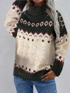 Women's Ugly Christmas Sweater Pullover Sweater Jumper Turtleneck Ribbed Knit Acrylic Knitted Fall Winter Outdoor Xmas Holiday Stylish Casual Soft Long Sleeve Geometric Color Block Red S M L -Xmas Cothing Store wjpqwt1667545219142