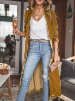 Women's Velvet Fall Christmas Long Coat Blazer CasualLong Pocket Coat Green Black Yellow Fuchsia Sky Blue Casual Street Spring Open Front V Neck Regular Fit S M L XL -Xmas Cothing Store wjwdex1664245536474