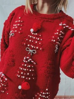 Women's Ugly Christmas Sweater Pullover Sweater Jumper Crew Neck Ribbed Knit Polyester Hollow Out Oversized Beads Fall Winter Regular Outdoor Christmas Daily Stylish Casual Soft Long Sleeve Christmas -Xmas Cothing Store wkcyxn1696903335916