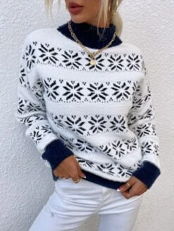 Women's Sweater Ugly Christmas Sweater Pullover Sweater Jumper Turtleneck Knit Acrylic Knitted Fall Winter Christmas Xmas Casual Daily Vintage Style Long Sleeve Snowflake Navy Pink Blue S M L -Xmas Cothing Store wldbpu1630893389651