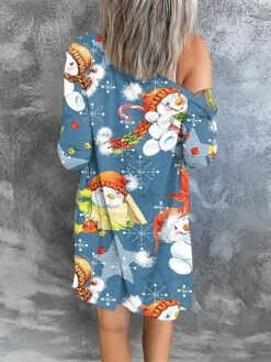 Women's Cardigan Sweater Open Front Ribbed Knit Polyester Button Fall Winter Short Christmas Daily Going Out Stylish Casual Soft Long Sleeve Elk Snowman Xmas Tree Blue Snowman Red Cat Black -Xmas Cothing Store wmisao1695262435079