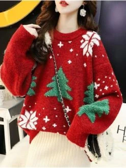 Women's Ugly Christmas Xmas Sweater Pullover Sweater Jumper Pullover Crew Neck Crochet Knit Cotton Knitted Fall Winter Christmas Daily Casual Long Sleeve Christmas Tree Snowflake White Red Navy Blue