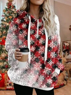 Women's Fleece Jacket Sherpa Jacket Teddy Coat Warm Breathable Christmas Street Daily Wear Vacation Zipper Pocket Print Pullover Hoodie Plush Casual Daily Comfortable Xmas Plaid Regular Fit