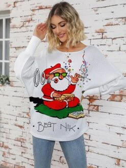 Women's Ugly Christmas Sweater Pullover Sweater Jumper Crew Neck Ribbed Knit Polyester Knitted Print Fall Winter Regular Outdoor Christmas Holiday Daily Stylish Casual Long Sleeve Santa Claus Red Blue -Xmas Cothing Store wpwfqw1697697956283
