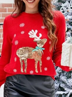 Women's Ugly Christmas Sweater Pullover Sweater Jumper Crew Neck Ribbed Knit Acrylic Sequins Embroidered Fall Winter Regular Christmas Daily Xmas Stylish Casual Soft Long Sleeve Animal Elk Black -Xmas Cothing Store wqqzug1695029187826