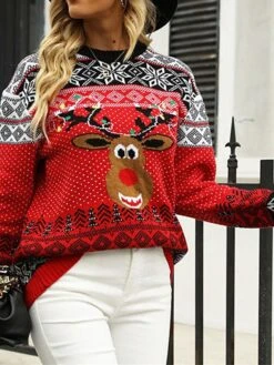 Women's Ugly Christmas Sweater Pullover Sweater Jumper Crew Neck Ribbed Knit Nylon Knitted Fall Winter Outdoor Xmas Daily Stylish Casual Soft Long Sleeve Animal Geometric Snowflake Red S M L -Xmas Cothing Store wraoyj1666677206893