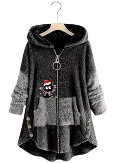 Women‘s Plus Size Christmas Fleece Jacket Teddy Coat Warm Button Pocket Animal Cat Causal Long Sleeve Hooded Regular Xmas Winter Fall Green Pink Dark Gray L XL XXL 3XL 4XL -Xmas Cothing Store wteupd1667564226252