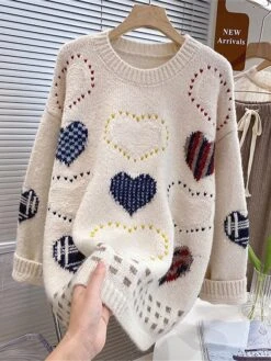 Women's Ugly Christmas Sweater Pullover Sweater Jumper Christmas Sweaters Crew Neck Ribbed Knit Acrylic Knitted Fall Winter Regular Outdoor Christmas Daily Fashion Casual Soft Long Sleeve Heart White -Xmas Cothing Store wuccpw1697697870322