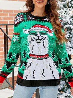 Women's Ugly Christmas Sweater Pullover Sweater Jumper Crew Neck Ribbed Knit Acrylic Patchwork Fall Winter Regular Xmas Daily Going Out Stylish Casual Soft Long Sleeve Animal Elk Snowman Black -Xmas Cothing Store wunwlg1695029208288