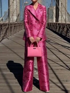 Women's Suits Blazer Formal Button Stripe Christmas Casual / Daily Xmas Fashion Loose Fit Outerwear Long Sleeve Spring Red S