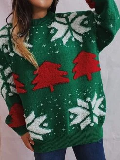 Women's Ugly Christmas Sweater Pullover Sweater Jumper Crew Neck Ribbed Knit Acrylic Oversized Fall Winter Regular Outdoor Christmas Daily Stylish Casual Soft Long Sleeve Christmas Tree Snowflake Red -Xmas Cothing Store wwqdda1696903377558