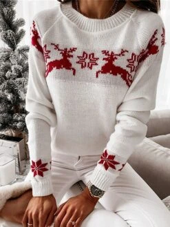 Women's Ugly Christmas Sweater Pullover Sweater Jumper Crew Neck Ribbed Knit Acrylic Patchwork Fall Winter Regular Outdoor Xmas Daily Stylish Casual Soft Long Sleeve Elk Snowflake White Red Green -Xmas Cothing Store wxattv1695209503177