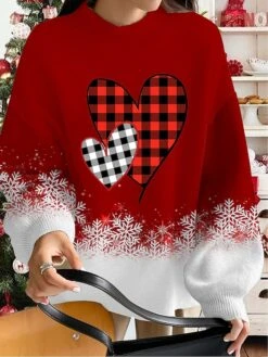 Women's Pullover Sweater Jumper Crew Neck Crochet Knit Asymmetric Hem Fall Winter Regular Christmas Weekend Stylish Vintage Style Long Sleeve Check Snowflake Wine Navy Blue S M L