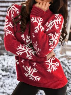 Women's Ugly Christmas Sweater Pullover Sweater Jumper Stand Collar Ribbed Knit Polyester Patchwork Fall Winter Regular Outdoor Xmas Daily Stylish Casual Soft Long Sleeve Snowflake Black Red S M