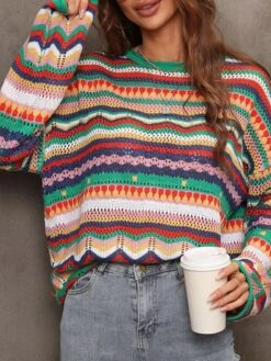 Women's Pullover Sweater Jumper Crew Neck Cable Crochet Knit Acrylic Cotton Blend Patchwork Hollow Knitted Fall Winter Outdoor Xmas Christmas Daily Stylish Casual Soft Long Sleeve Color Block Striped -Xmas Cothing Store wxowtl1660904967181