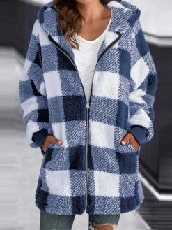 Women's Sherpa Jacket Fleece Long Teddy Coat Windproof Warm Maillard Plaid Christmas Daily Wear Vacation Zipper Pocket Zipper Hoodie Ordinary Modern Plush Regular Fit Outerwear Long Sleeve Winter Fall -Xmas Cothing Store wxveek1667563761888