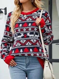 Women's Ugly Christmas Sweater Pullover Sweater Jumper Crew Neck Ribbed Knit Polyester Knitted Print Fall Winter Xmas Holiday Stylish Casual Soft Long Sleeve Christmas Tree Snowflake Argyle Red -Xmas Cothing Store wzfoub1664518151805