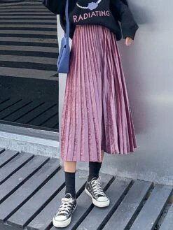 Women's Skirt A Line Swing Midi Gold Velvet Wine Red Black Pink Navy Blue Skirts Fall & Winter Pleated High Waist Fashion Elegant Christmas Xmas Street M L XL -Xmas Cothing Store xalhzz1694689578974