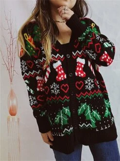 Women's Ugly Christmas Sweater Cardigan Sweater V Neck Ribbed Knit Polyester Button Fall Winter Regular Outdoor Xmas Daily Stylish Casual Soft Long Sleeve Heart Snowflake Black S M L
