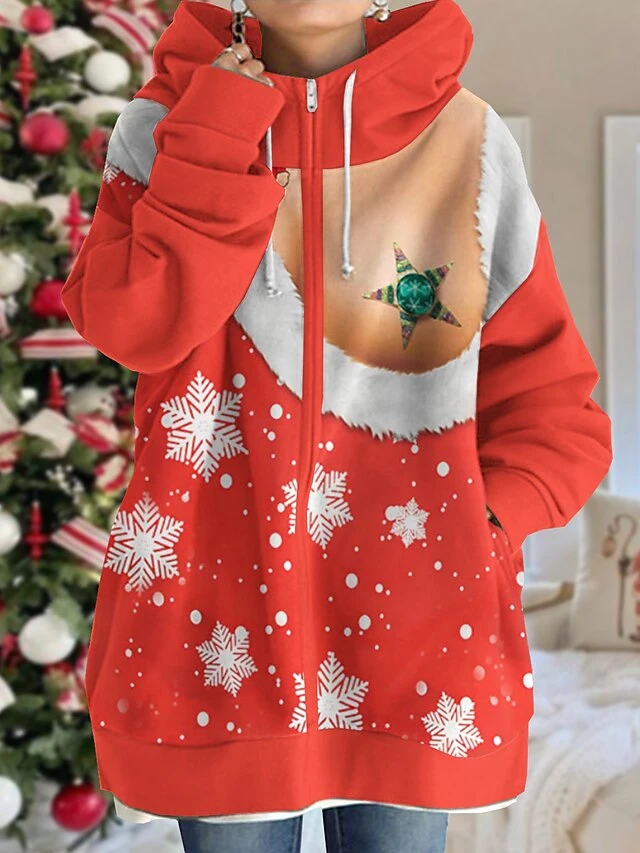 Women's Ugly Christmas Jacket Party Xmas Hooded Coat Winter Drawstring Zipper Jacket Green Loose Fit Outerwear Long Sleeve Fall 4 Women's Ugly Christmas Jacket Party Xmas Hooded Coat Winter Drawstring Zipper Jacket Green Loose Fit Outerwear Long Sleeve Fall - Image 2