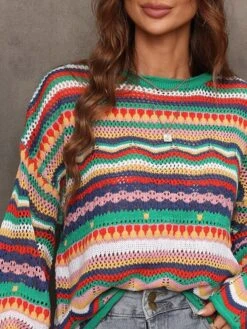 Women's Pullover Sweater Jumper Crew Neck Cable Crochet Knit Acrylic Cotton Blend Patchwork Hollow Knitted Fall Winter Outdoor Xmas Christmas Daily Stylish Casual Soft Long Sleeve Color Block Striped -Xmas Cothing Store xbgmwb1660904965760