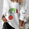 Women's V Neck Pullover Sweater Jumper Crochet Knit Polyester Print Drop Shoulder Fall Winter Regular Christmas Xmas Stylish Casual Soft Long Sleeve Print Monster Green Beige S M L -Xmas Cothing Store xbqwui1696903702796