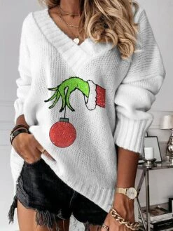 Women's V Neck Pullover Sweater Jumper Crochet Knit Polyester Print Drop Shoulder Fall Winter Regular Christmas Xmas Stylish Casual Soft Long Sleeve Print Monster Green Beige S M L