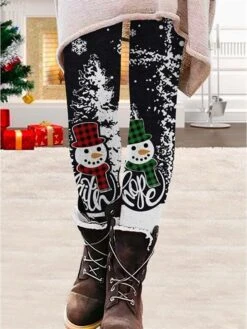 Women's Tights Leggings Full Length Print Stretchy Fashion Christmas Weekend Dark Grey Black S M
