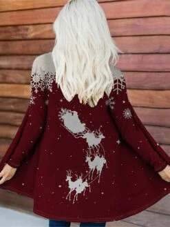Women's Jacket Christmas Print Elk Comfortable Fashion Loose Fit Outerwear Long Sleeve Fall Dark Red S -Xmas Cothing Store xbvfzi1694658615331