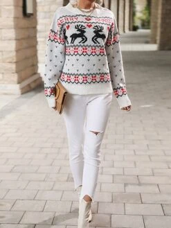 Women's Ugly Christmas Sweater Pullover Sweater Jumper Crew Neck Ribbed Knit Polyester Patchwork Fall Winter Regular Outdoor Christmas Daily Stylish Casual Soft Long Sleeve Heart Elk White S M L -Xmas Cothing Store xcelds1697103884122