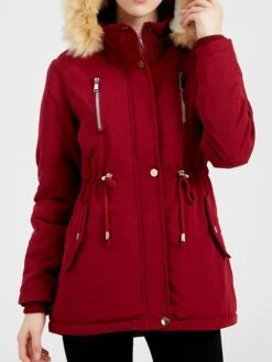 Women's Winter Coat Jacket Parka Warm Breathable Outdoor Christmas Daily Wear Vacation Xmas Pocket Fur Collar Fleece Lined Zipper Hoodie Elegant Lady Comfortable Solid Color Regular Fit Outerwear -Xmas Cothing Store xclhas1666677519074