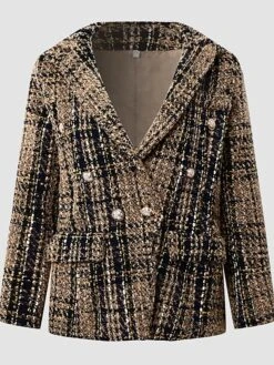 Women's Blazer Tweed Plaid Christmas Jacket Long Sleeve Coat Fall Winter Business Double Breasted Regular Jacket Green Brown XL 2XL 3XL -Xmas Cothing Store xdqqtp1660112675742