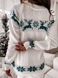 Women's Ugly Christmas Sweater Pullover Sweater Jumper Crew Neck Ribbed Knit Acrylic Patchwork Fall Winter Regular Outdoor Xmas Daily Stylish Casual Soft Long Sleeve Elk Snowflake White Red Green -Xmas Cothing Store xfkehz1695209499400