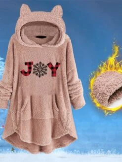 Women's Sherpa Jacket Fleece Jacket Teddy Coat Windproof Warm Outdoor Christmas Daily Wear Going Out Pocket Print Pullover Hoodie Comfortable Plush Christmas Letter Regular Fit Outerwear Long Sleeve