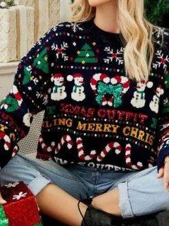 Women's Ugly Christmas Sweater Pullover Sweater Jumper Crew Neck Ribbed Knit Acrylic Knitted Fall Winter Outdoor Christmas Daily Stylish Casual Soft Long Sleeve Letter Snowman Xmas Tree Navy Blue