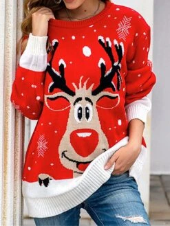 Women's Ugly Christmas Sweater Pullover Sweater Jumper Crew Neck Ribbed Knit Acrylic Oversized Fall Winter Regular Outdoor Xmas Daily Stylish Casual Soft Long Sleeve Geometric Elk Snowflake Wine -Xmas Cothing Store xhcnlf1696903326864