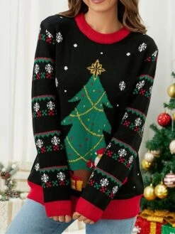 Women's Ugly Christmas Sweater Pullover Sweater Jumper Crew Neck Ribbed Knit Acrylic Oversized Fall Winter Short Xmas Daily Going Out Stylish Casual Soft Long Sleeve Santa Claus Christmas Tree -Xmas Cothing Store xhzcnd1695209504818