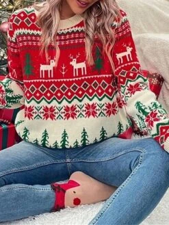 Women's Ugly Christmas Sweater Pullover Sweater Jumper Christmas Sweaters Crew Neck Ribbed Knit Acrylic Knitted Fall Winter Regular Outdoor Christmas Daily Stylish Casual Soft Long Sleeve Geometric
