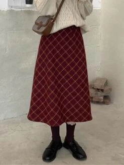 Women's Skirt Long Skirt Midi Cotton Wine Skirts Fall & Winter Plaid Print High Waist Fashion Elegant Christmas Street Xmas S M L -Xmas Cothing Store xilnmz1695351444508