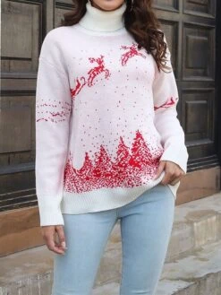 Women's Ugly Christmas Sweater Pullover Sweater Jumper Turtleneck Ribbed Knit Acrylic Patchwork Fall Winter Regular Outdoor Christmas Daily Stylish Casual Soft Long Sleeve Elk Christmas Tree White Red -Xmas Cothing Store xinzzx1697103892695