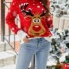 Women's Ugly Christmas Sweater Crew Neck Chunky Knit Acrylic Patchwork Drop Shoulder Fall Winter Regular Party Christmas Stylish Casual Long Sleeve Animal Black Red S M L
