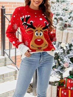 Women's Ugly Christmas Sweater Crew Neck Chunky Knit Acrylic Patchwork Drop Shoulder Fall Winter Regular Party Christmas Stylish Casual Long Sleeve Animal Black Red S M L