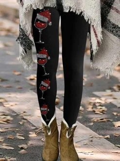 Women's Leggings Claret Dark Red Black 1# Fashion Christmas Daily Vacation Full Length Thermal Warm Christmas S M L XL 2XL