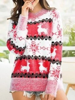 Women's Ugly Christmas Sweater Pullover Sweater Jumper Crew Neck Ribbed Knit Cotton Blend Knitted Fall Winter Outdoor Xmas Holiday Stylish Casual Soft Long Sleeve Snowflake Pink Red Blue S M L -Xmas Cothing Store xlszfx1666778106429