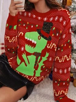 Women's Ugly Christmas Sweater Pullover Sweater Jumper Crew Neck Ribbed Knit Acrylic Knitted Fall Winter Xmas Holiday Stylish Casual Soft Long Sleeve Animal Geometric Black Red S M L