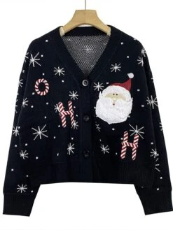 Women's Ugly Christmas Sweater Cardigan Christmas Sweaters V Neck Ribbed Knit Polyester Knitted Print Fall Winter Short Outdoor Christmas Daily Stylish Casual Soft Long Sleeve Letter Santa Claus